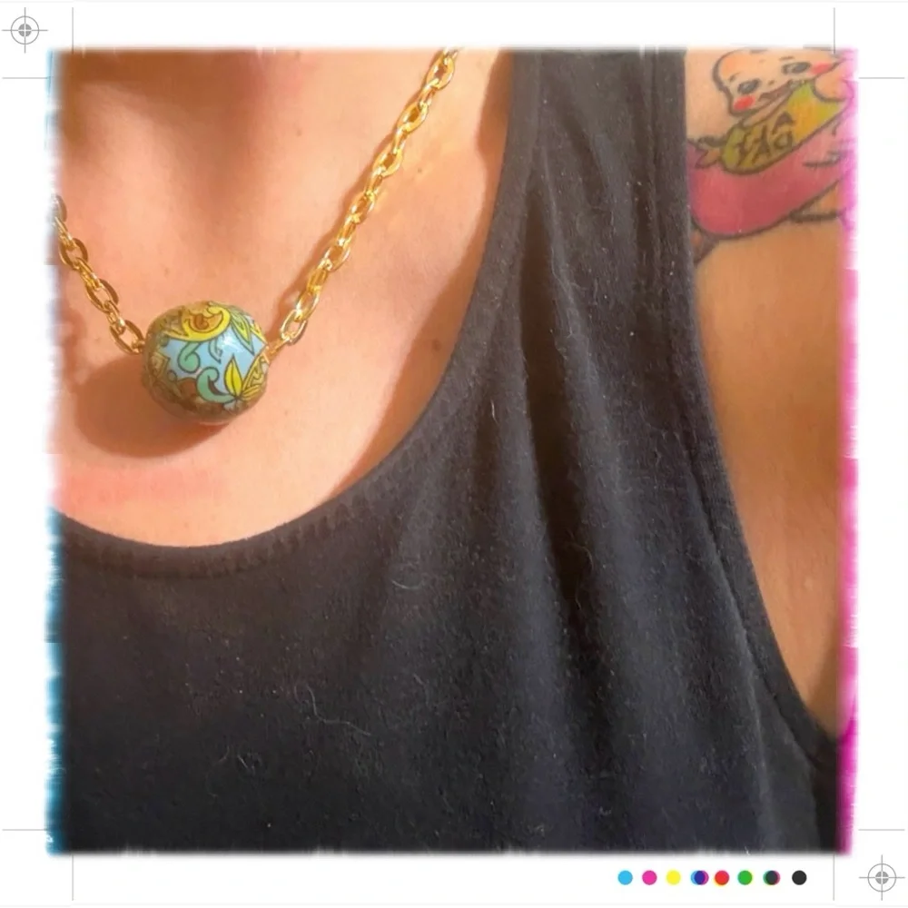 Antique Italian Hand-Painted Venetian Bead Pendant Necklace, 24 GP‎ Chain, 19”